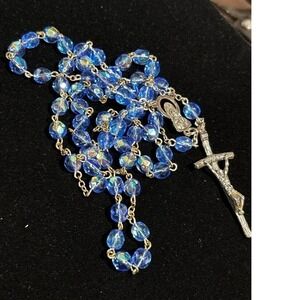 Vintage Rosary With AB Blue Glass Beads & Silver Crucifix Pendant Italy